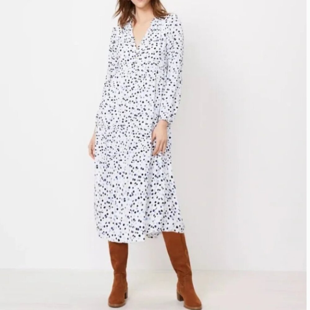 LOFT Flowing Boho Polka Dot V-Neck Tiered Midi Long Sleeve Petite Dres